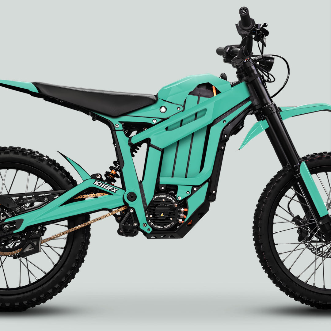 Side-view of a Talaria Sting MX5 PRO with SOLID COLOR Mint Decals, showcasing teal frame, large battery, electric motor, suspension, and dirt-bike wheels.