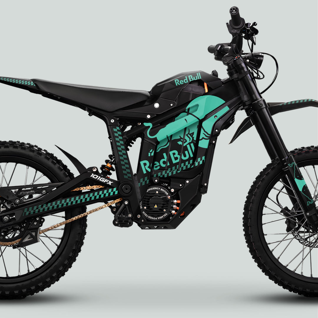 Talaria Sting MX5 PRO Graphics Kit RBULL MONO Black Mint Decals on a black e-dirt bike, showcasing Red Bull branding and a hub-mounted electric motor.
