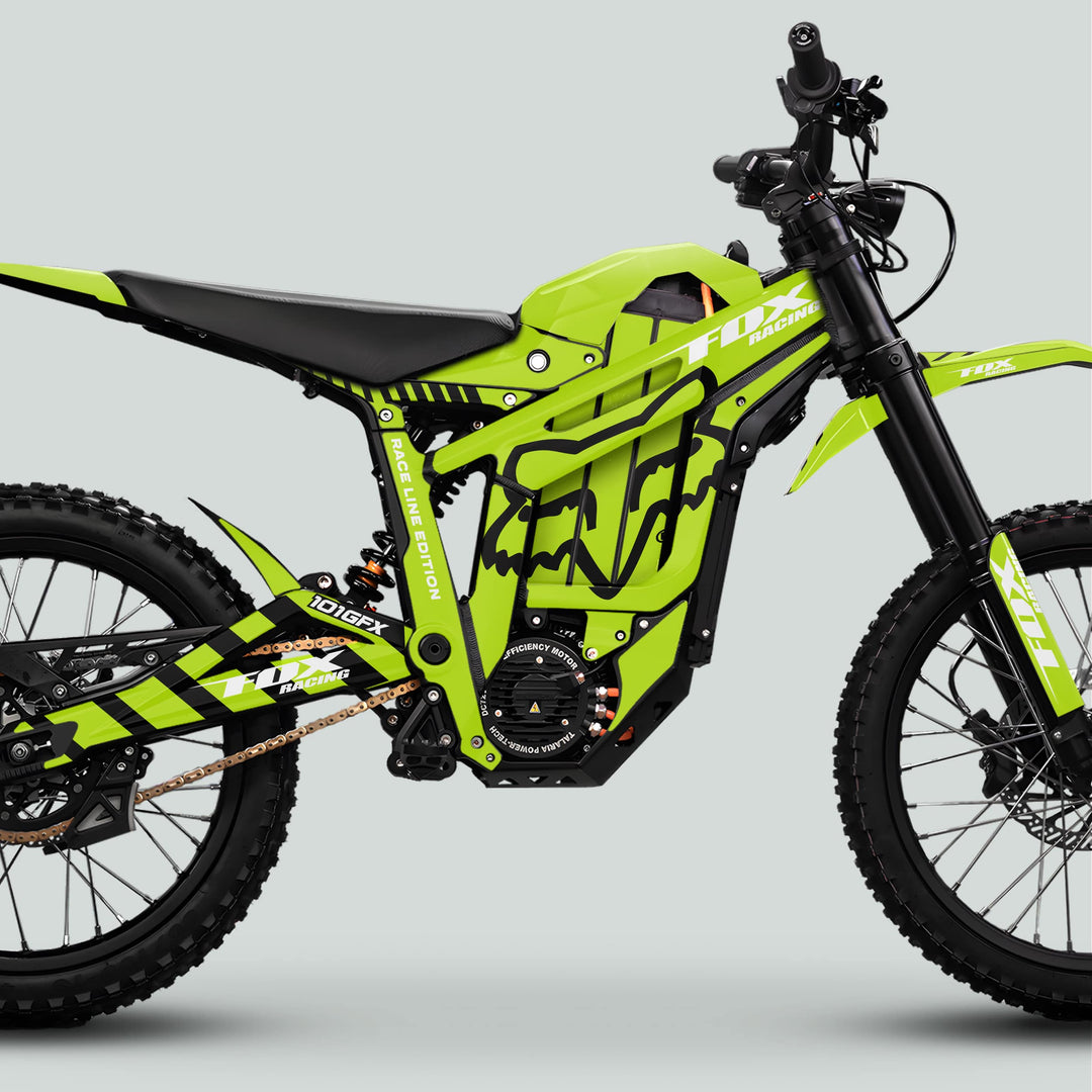 Talaria Sting MX5 PRO Graphics Kit HEXOCAM GREEN Decals on a lime-green electric dirt bike, featuring FOX Racing graphics and off-road enhancements.