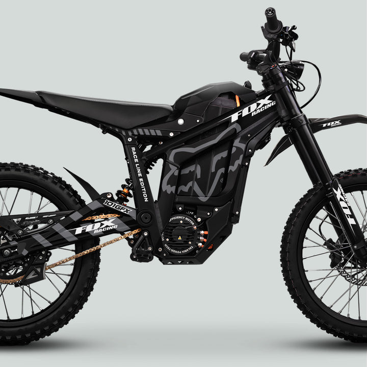 Talaria Sting MX5 PRO Graphics Kit: FOX RACELINE black and grey decals on an electric dirt bike, featuring bold “Race Line Edition” and “101GFX” graphics.