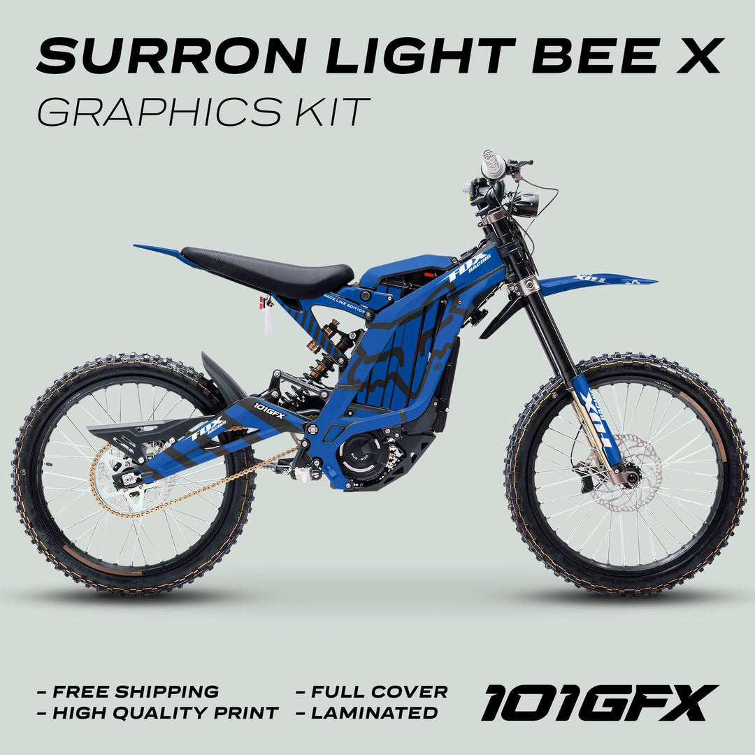 Surron Light Bee X Graphics Kit FOX RACE LINE Blue Black on bike, showcasing full-cover, laminated vinyl with high-quality print and vibrant design.