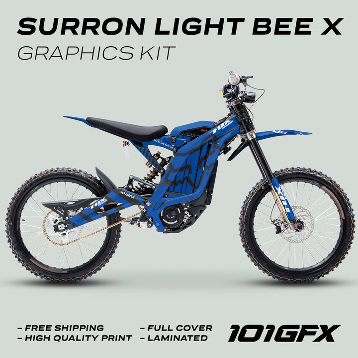Surron Light Bee X Graphics Kit FOX RACE LINE Blue Black on bike, showcasing full-cover, laminated vinyl with high-quality print and vibrant design.