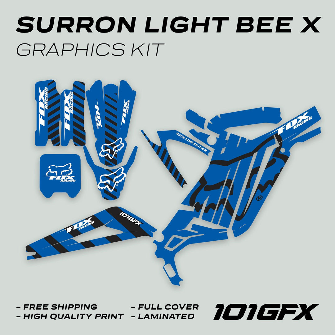 Surron Light Bee X Graphics Kit FOX RACE LINE Blue Black with full set of vinyl decals featuring Fox Racing logo and Race Line Edition styling, highlighting durability and easy installation.