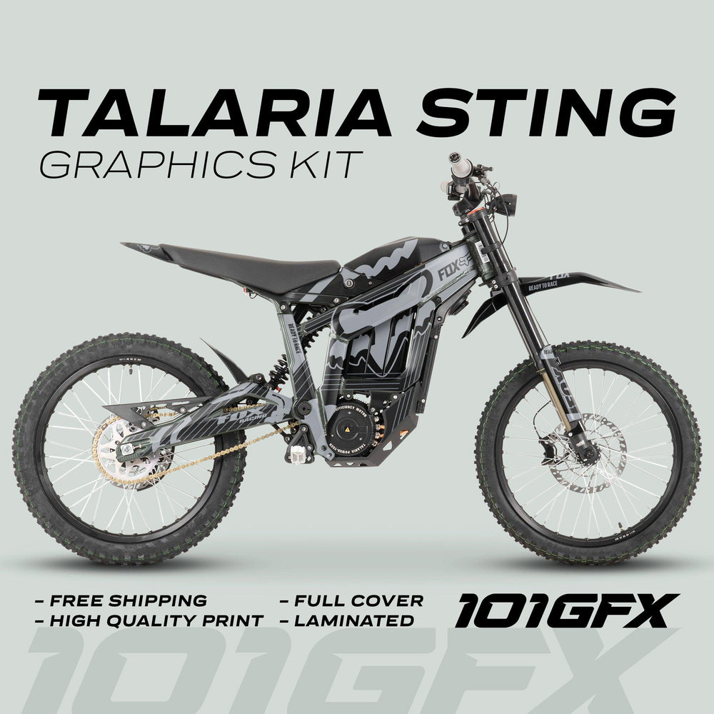 Side view of a Talaria Sting MX3 MX4 with Black Grey FOX STRIPES graphics kit, highlighting free shipping, full cover, laminated finish, and high-quality print.