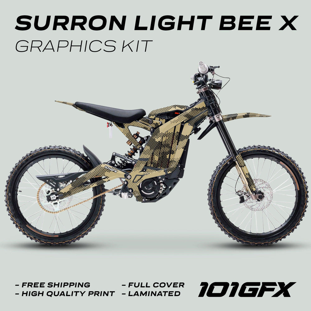 Surron Light Bee X Graphics Kit HEXOCAM Sand displayed on bike, featuring beige-and-black honeycomb wrap, emphasizing protection and style with easy installation and durability.