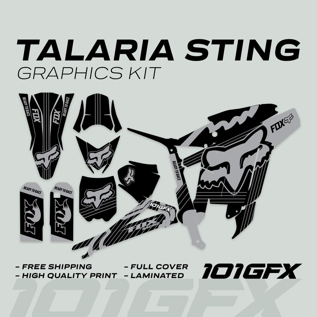 Talaria Sting MX3 MX4 Graphics Kit with black-grey Fox Racing design, showcasing decals for full bike coverage, highlighting features like durability and easy application.