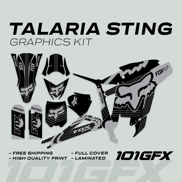 Talaria Sting MX3 MX4 Graphics Kit with black-grey Fox Racing design, showcasing decals for full bike coverage, highlighting features like durability and easy application.