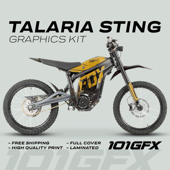 Side-view of Talaria Sting MX3 MX4 Graphics Kit FOX DUST Black Gold, showcasing yellow-black design, free shipping, high-quality print, full cover, laminated, by 101GFX.