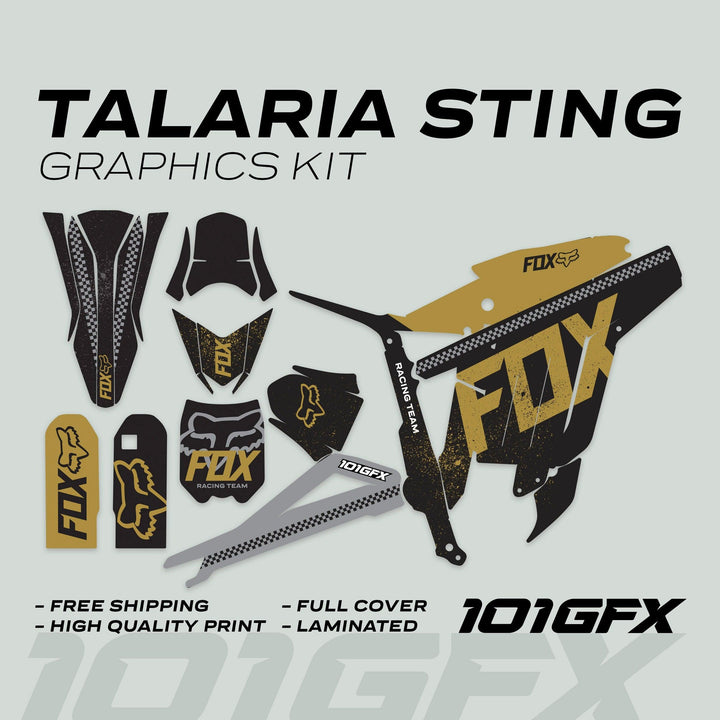 Talaria Sting MX3 MX4 Graphics Kit FOX DUST Black Gold with black-and-gold Fox Racing styled decals, including fender, shroud, and swingarm pieces. Features “Free Shipping” and “High Quality Print.”