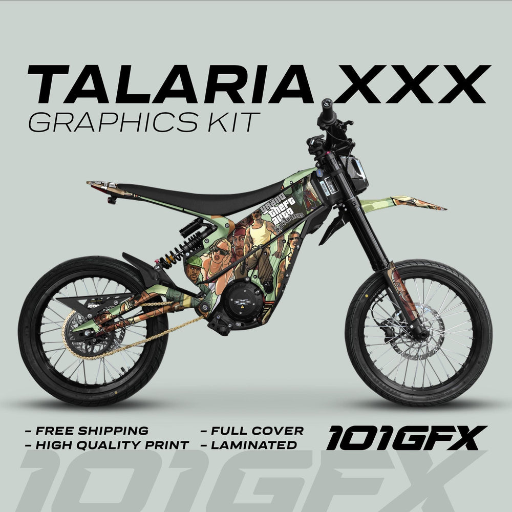 Talaria XXX Graphics Kit GTA San Andreas on electric dirt-bike, featuring full-cover, laminated cartoon decals, emphasizing free shipping and high-quality print, by 101GFX.