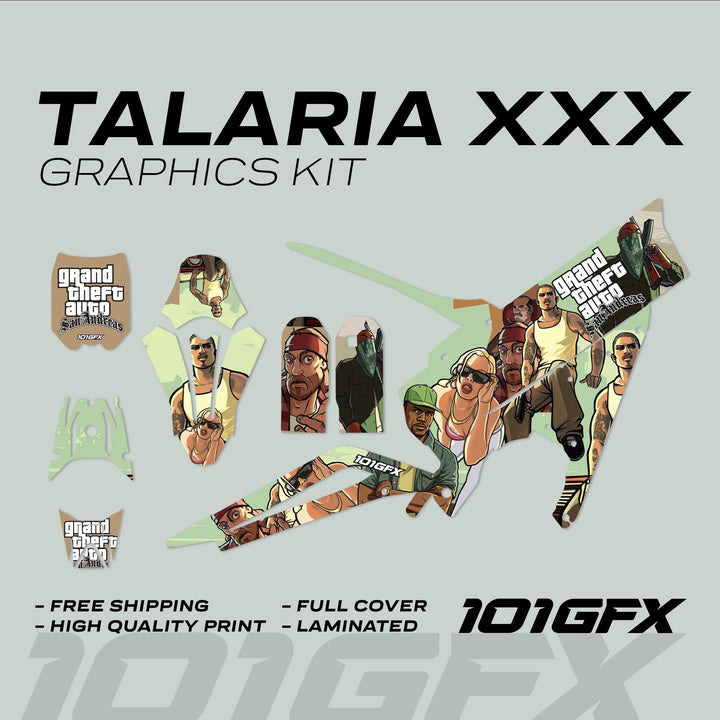 Talaria XXX Graphics Kit GTA San Andreas die-cut decals with camo pattern, showcasing unique design, durability, and easy application, alongside selling points and 101GFX logo.
