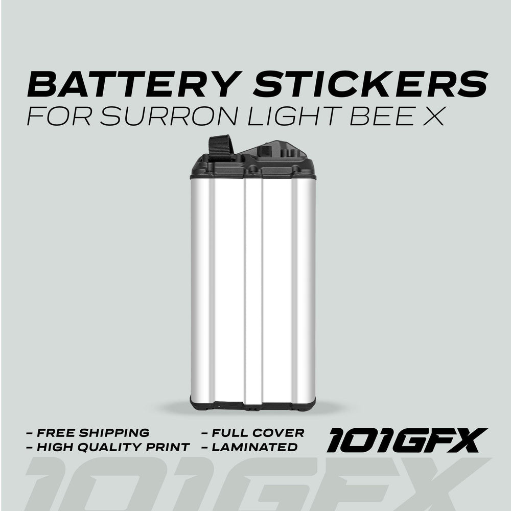 Surron Light Bee X Battery Stickers SOLID White displayed on a battery pack, highlighting free shipping, high-quality print, full cover, laminated features, and 101GFX branding.