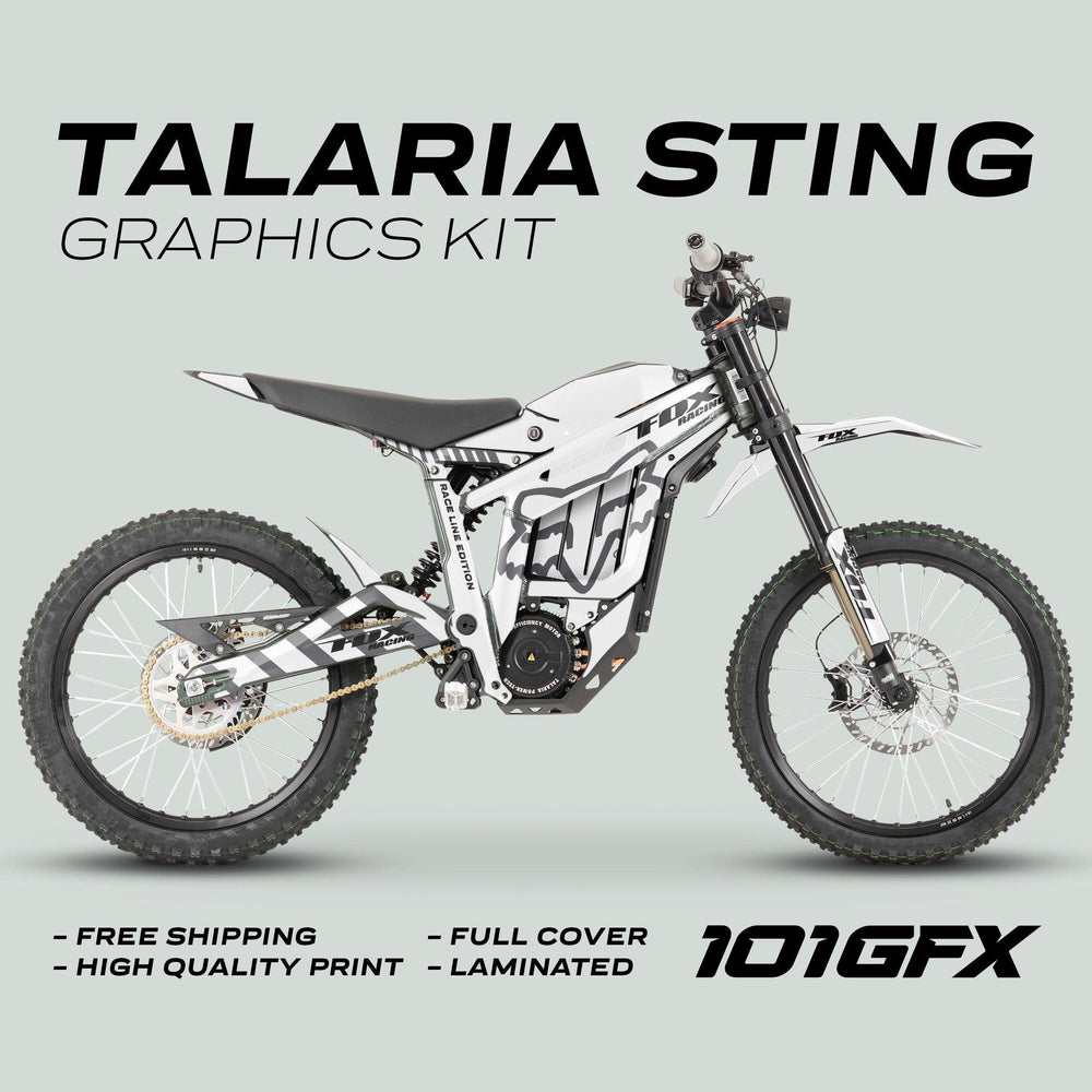 Talaria Sting MX3 MX4 Graphics Kit FOX Raceline White Grey displayed on a bike, showcasing white and grey decals, highlighting features like full-cover, high-quality print, and durability.