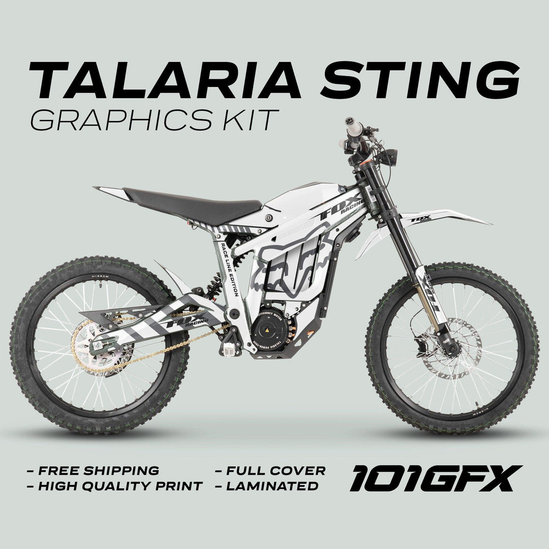 Talaria Sting MX3 MX4 Graphics Kit FOX Raceline White Grey displayed on a bike, showcasing white and grey decals, highlighting features like full-cover, high-quality print, and durability.
