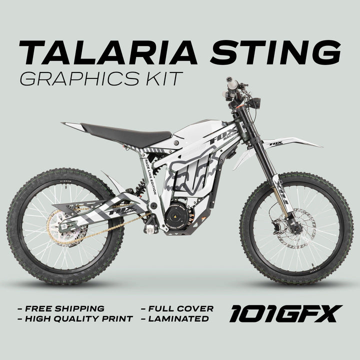 Talaria Sting MX3 MX4 Graphics Kit FOX Raceline White Grey displayed on a bike, showcasing white and grey decals, highlighting features like full-cover, high-quality print, and durability.