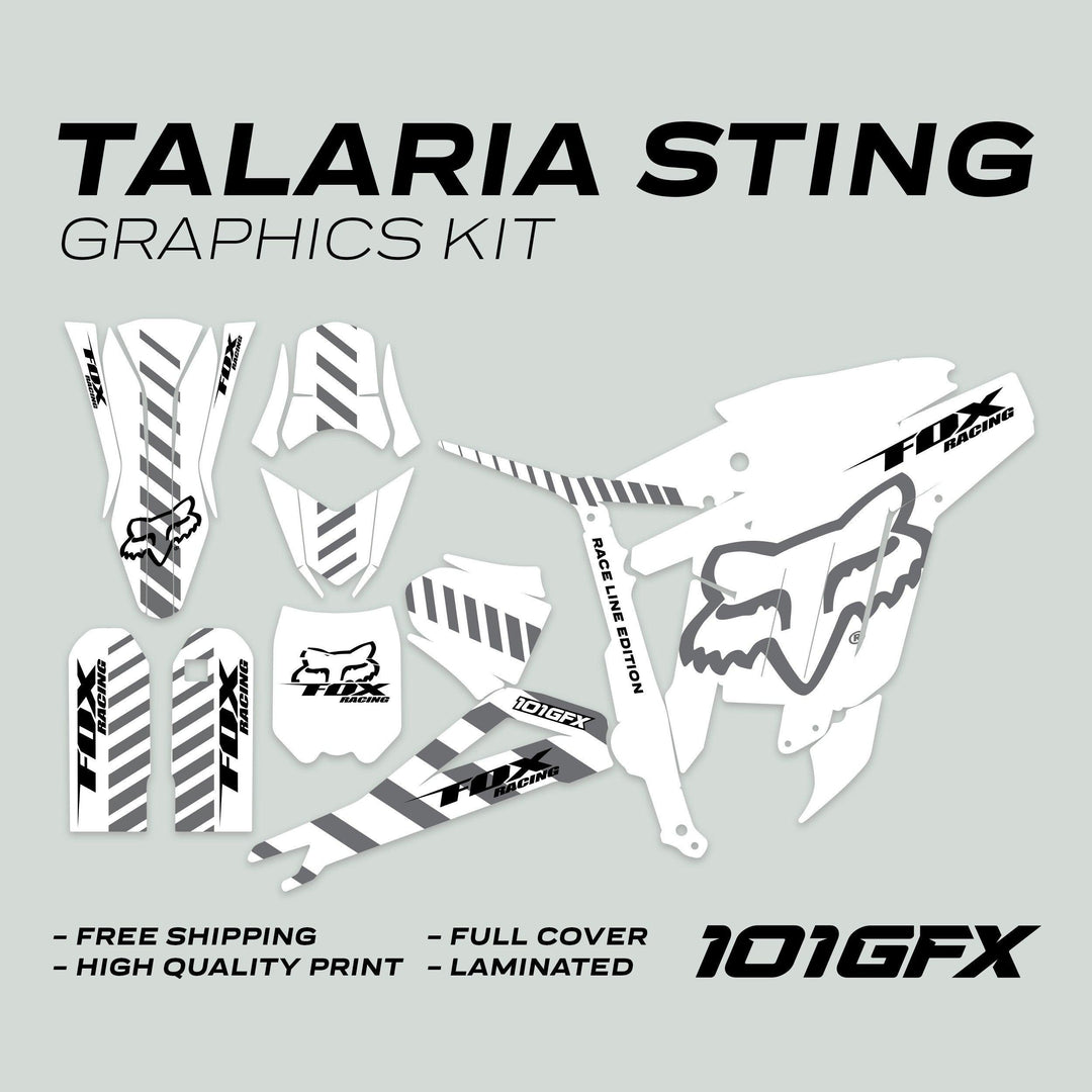 Talaria Sting MX3 MX4 Graphics Kit FOX Raceline White Grey, featuring die-cut vinyl pieces with Fox Racing logo, offering durability and easy application.