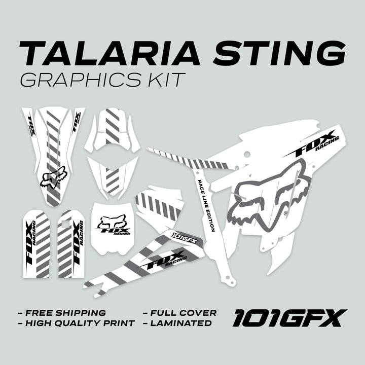 Talaria Sting MX3 MX4 Graphics Kit FOX Raceline White Grey, featuring die-cut vinyl pieces with Fox Racing logo, offering durability and easy application.