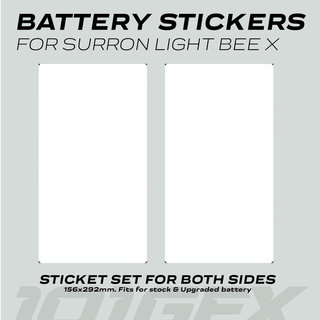Surron Light Bee X Battery Stickers SOLID White, featuring two blank white rectangles for both sides, designed for stock and upgraded battery fitment.