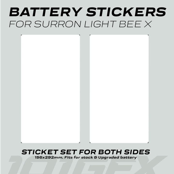 Surron Light Bee X Battery Stickers SOLID White, featuring two blank white rectangles for both sides, designed for stock and upgraded battery fitment.