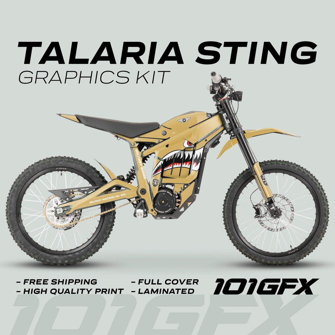 Talaria Sting MX3 MX4 Graphics Kit MILITARY SHARK Sand on an e-bike, showcasing a military-style shark mouth decal with high-quality print and full cover.