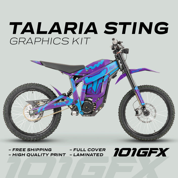 Talaria Sting MX3 MX4 Graphics Kit FOX STRIPES Purple Cyan on an electric bike, highlighting vibrant decals, free shipping, high-quality print, full cover, 101GFX branding.