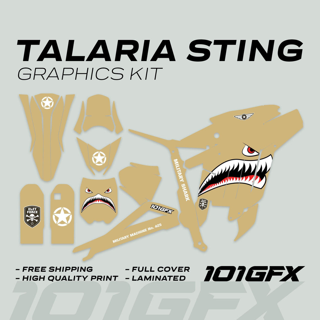 Talaria Sting MX3 MX4 Graphics Kit MILITARY SHARK Sand with shark-mouth, star insignias, and ELITE FORCE badge decals, promoting high-quality, laminated vinyl wrap for customization.