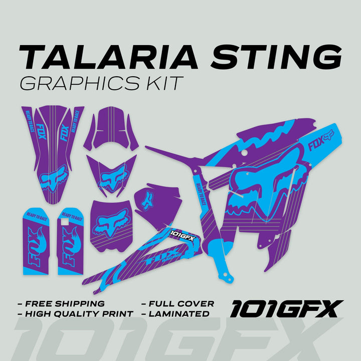 Talaria Sting MX3 MX4 Graphics Kit FOX STRIPES Purple Cyan, featuring decals with FOX logos, offers vibrant, durable coverage for your Talaria Sting.