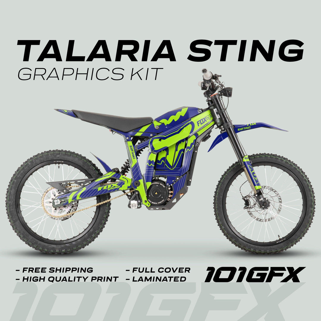 Talaria Sting MX3 MX4 Graphics Kit FOX STRIPES Navy Green on an electric off-road bike, highlighting navy and neon-green livery with promotional features above and 101GFX logo below.