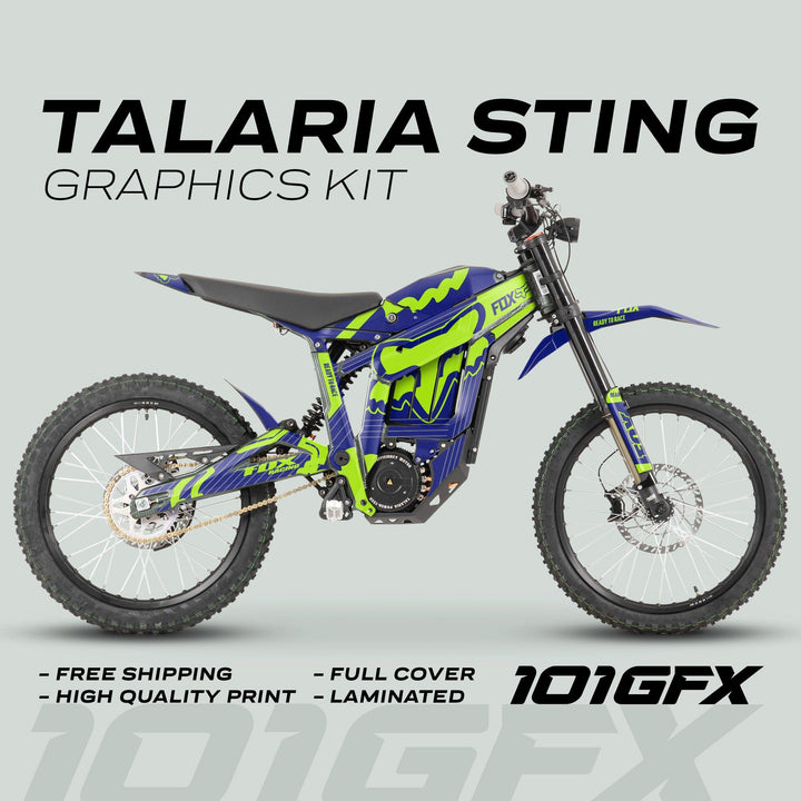 Talaria Sting MX3 MX4 Graphics Kit FOX STRIPES Navy Green on an electric off-road bike, highlighting navy and neon-green livery with promotional features above and 101GFX logo below.