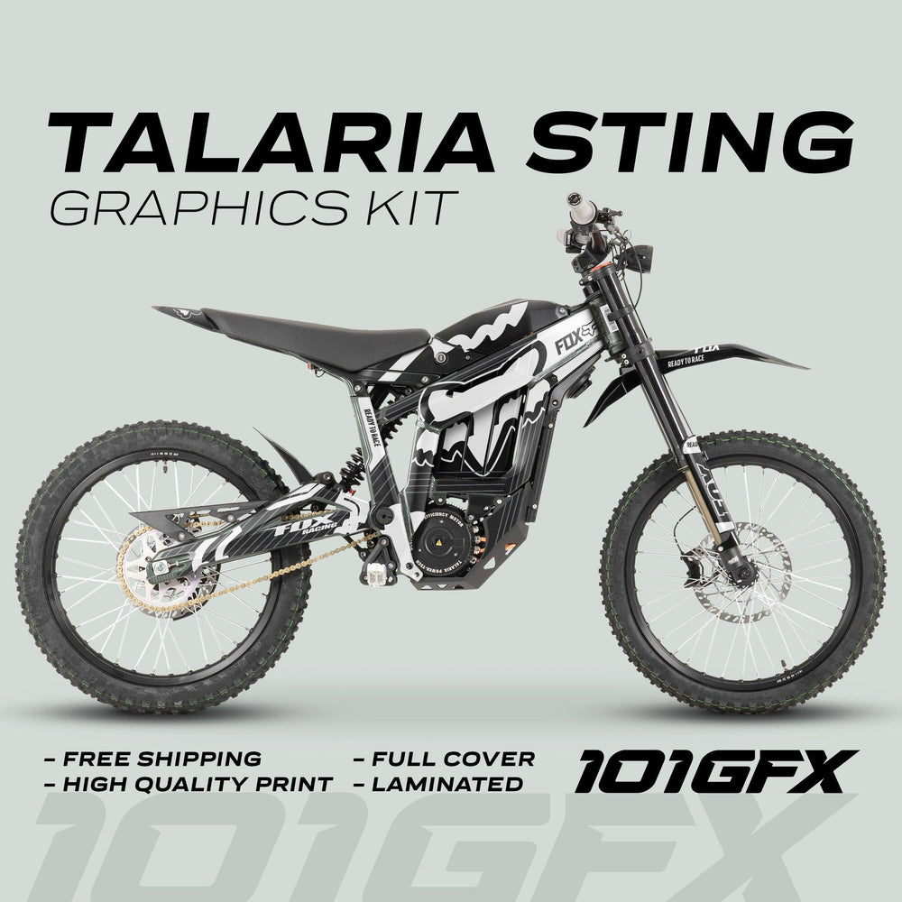 Talaria Sting MX3 MX4 Graphics Kit FOX STRIPES Black White on electric dirt bike, showcasing black-and-white decals with selling points like free shipping and high-quality print.