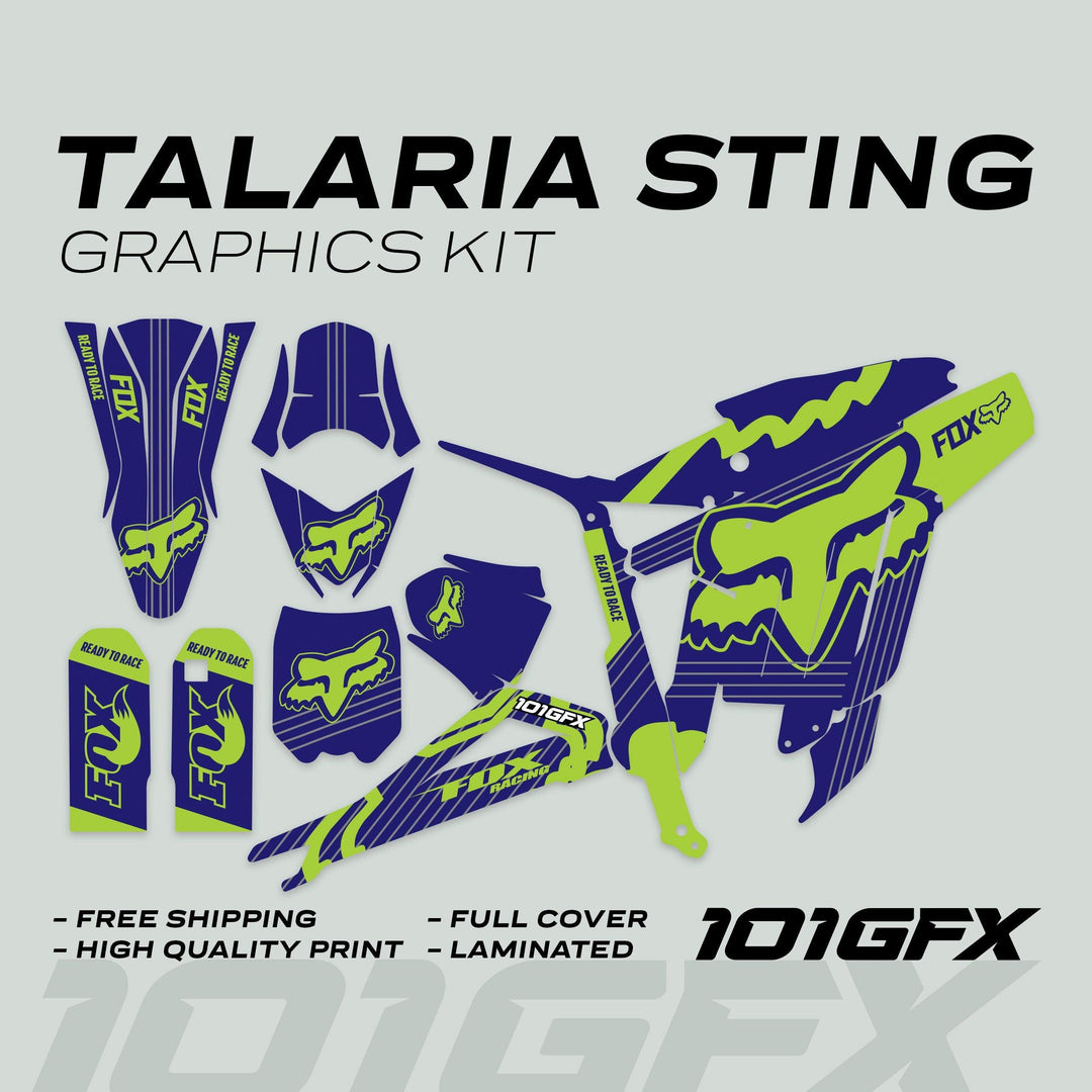 Talaria Sting MX3 MX4 Graphics Kit FOX STRIPES Navy Green shown with navy and neon green decals, highlighting features like durability, custom fit, and easy application.