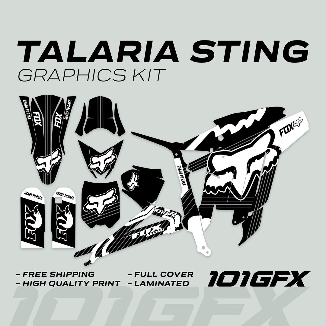 Talaria Sting MX3 MX4 Graphics Kit FOX STRIPES Black White with complete motocross decals, featuring Fox logos, for Talaria bikes. Includes fender, shroud, and side-panel graphics.
