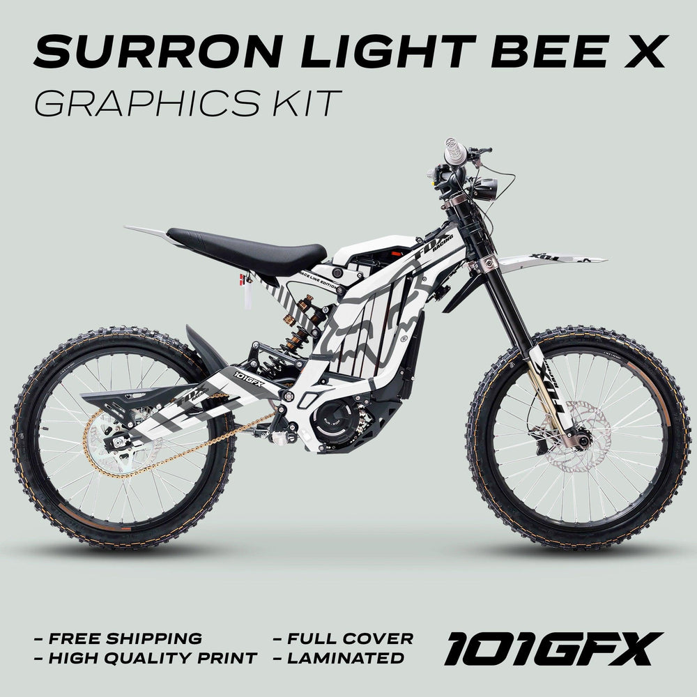 Surron Light Bee X Graphics Kit FOX RACE LINE White Grey on e-dirt-bike, featuring black-and-white camo decals, promotes free shipping, high quality, full cover, laminated finish.