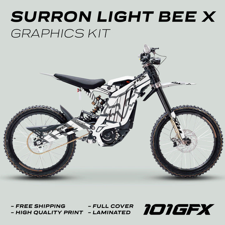 Surron Light Bee X Graphics Kit FOX RACE LINE White Grey on e-dirt-bike, featuring black-and-white camo decals, promotes free shipping, high quality, full cover, laminated finish.