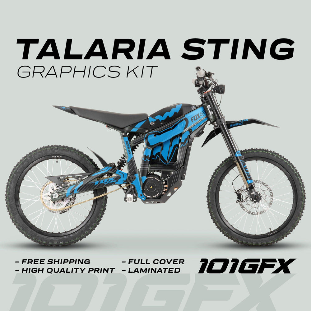 Talaria Sting MX3 MX4 Graphics Kit FOX STRIPES Black Cyan displayed on a bike with headline and feature highlights, showcasing its vibrant, durable design and custom fit.