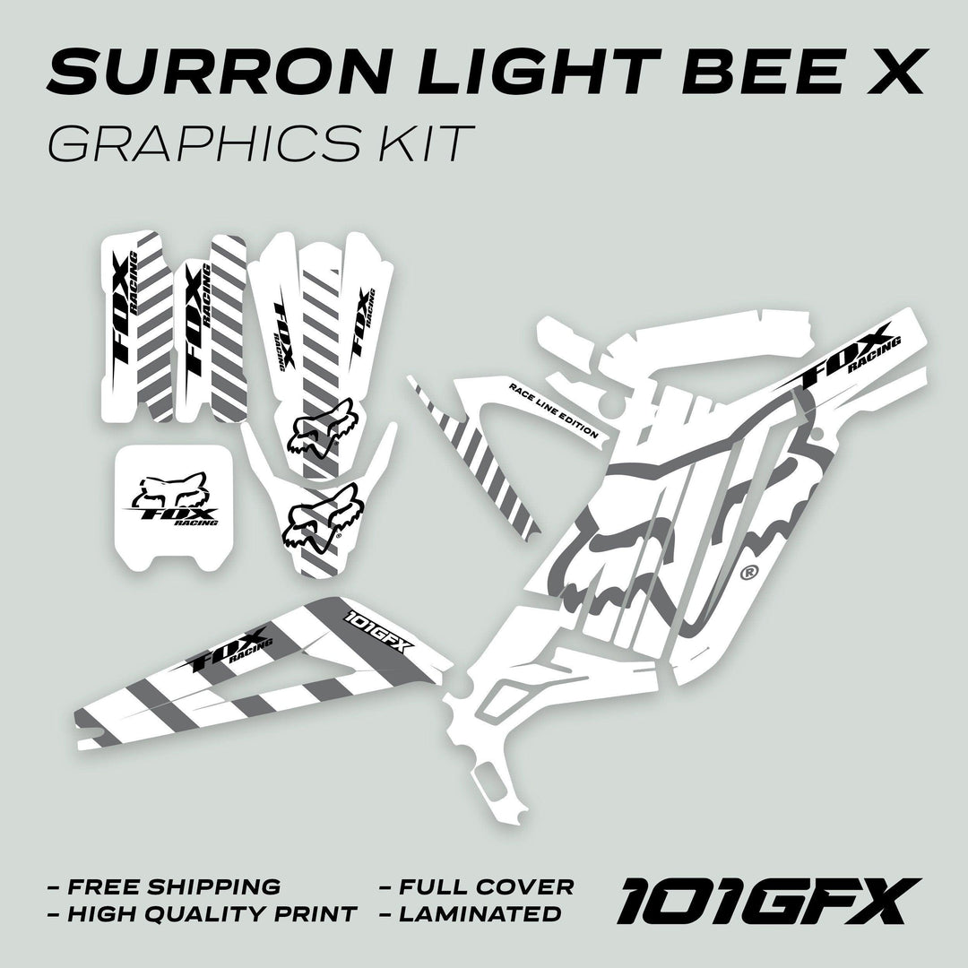 Surron Light Bee X Graphics Kit FOX RACE LINE White Grey, featuring Fox Racing logos, grey-and-white stripes, and die-cut decals for full bike coverage.