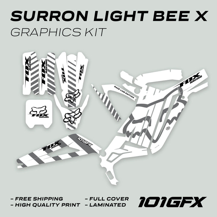 Surron Light Bee X Graphics Kit FOX RACE LINE White Grey, featuring Fox Racing logos, grey-and-white stripes, and die-cut decals for full bike coverage.