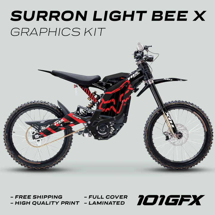 Surron Light Bee X Graphics Kit FOX RACE LINE Black Red on Light Bee X, showcasing full-coverage black-and-red decals with glossy laminated finish and call-outs for free shipping and quality.