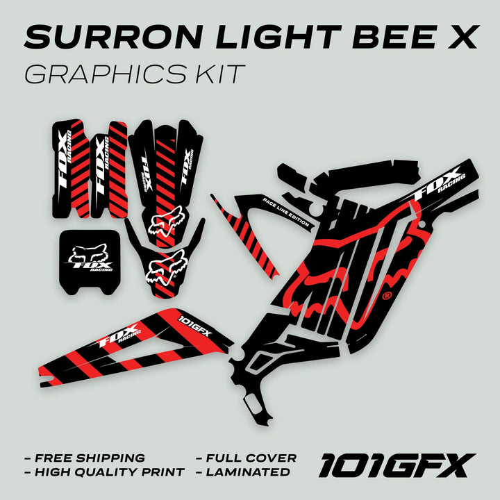 Surron Light Bee X Graphics Kit FOX RACE LINE Black Red showing vinyl decals: fork guards, frame covers, side panels, swingarm stickers with high-quality, full-cover, laminated features.