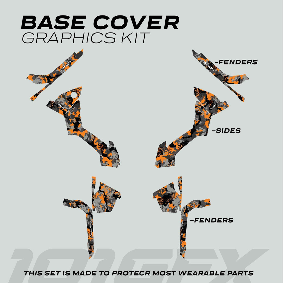 Can-Am OUTLANDER Graphics kit SPLAT CAMO Orange: pre-cut camo-patterned decals for fenders, sides, designed for protection and style enhancement on Can-Am vehicles.