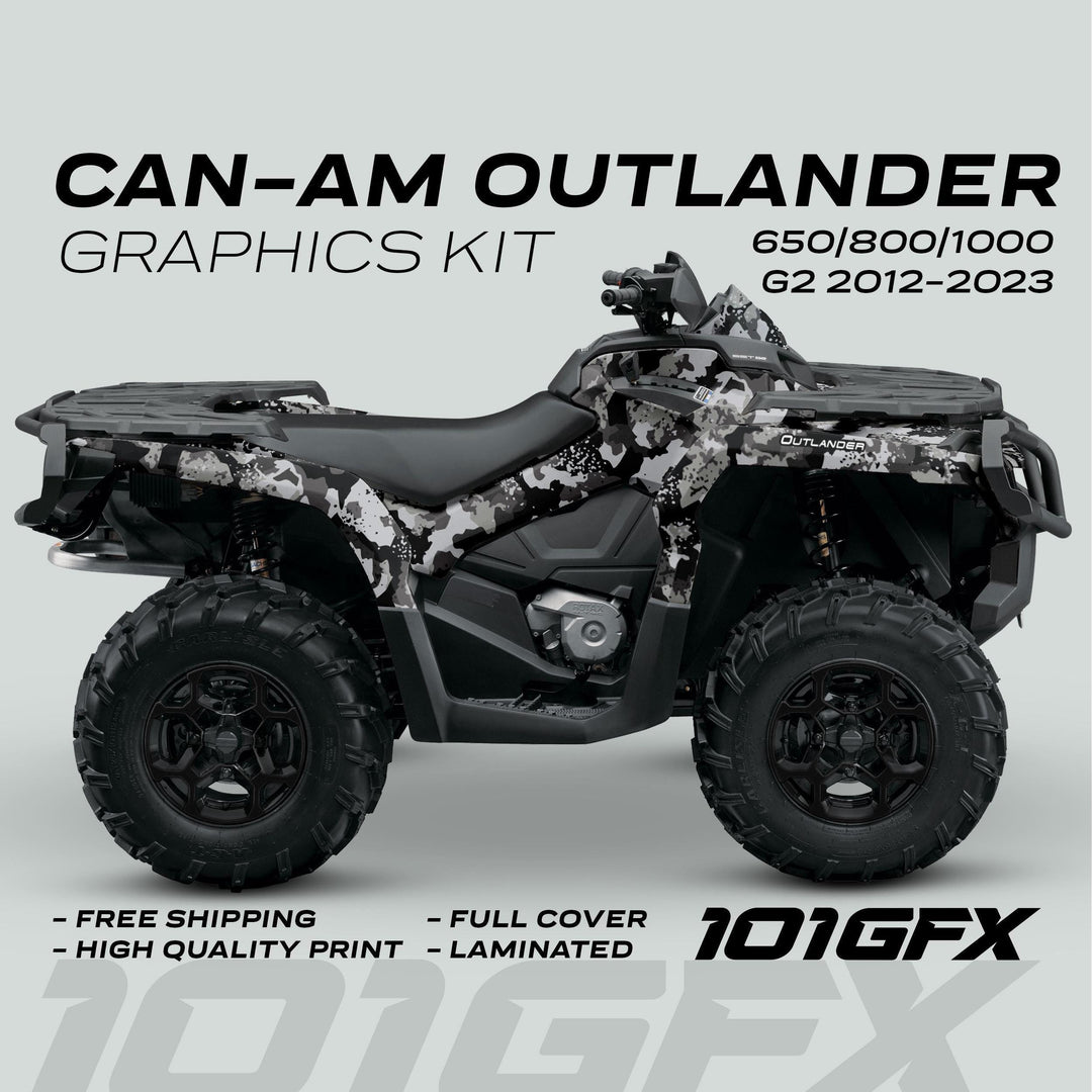 Can-Am OUTLANDER Graphics Kit SPLAT CAMO Grey on ATV, showcasing full-coverage digi-camo design, highlighting durability, perfect fit, and easy installation with free shipping.