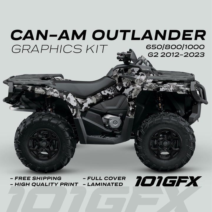 Can-Am OUTLANDER Graphics Kit SPLAT CAMO Grey on ATV, showcasing full-coverage digi-camo design, highlighting durability, perfect fit, and easy installation with free shipping.