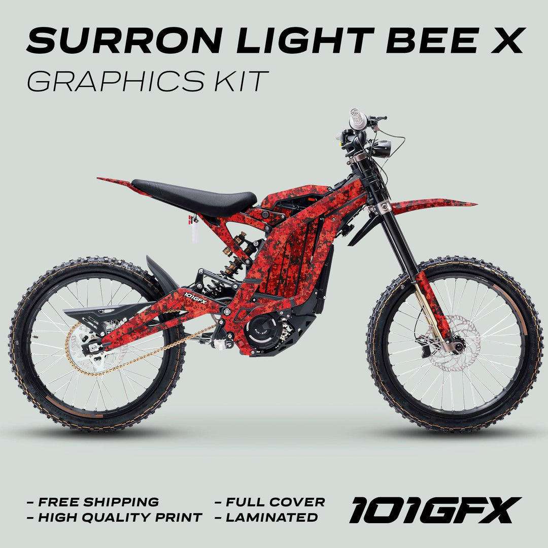 Surron Light Bee X Graphics Kit SQUARE TEK Red in red digital-camo, showcasing full-coverage wrap, glossy laminated finish, and 101GFX branding, emphasizing style and durability.