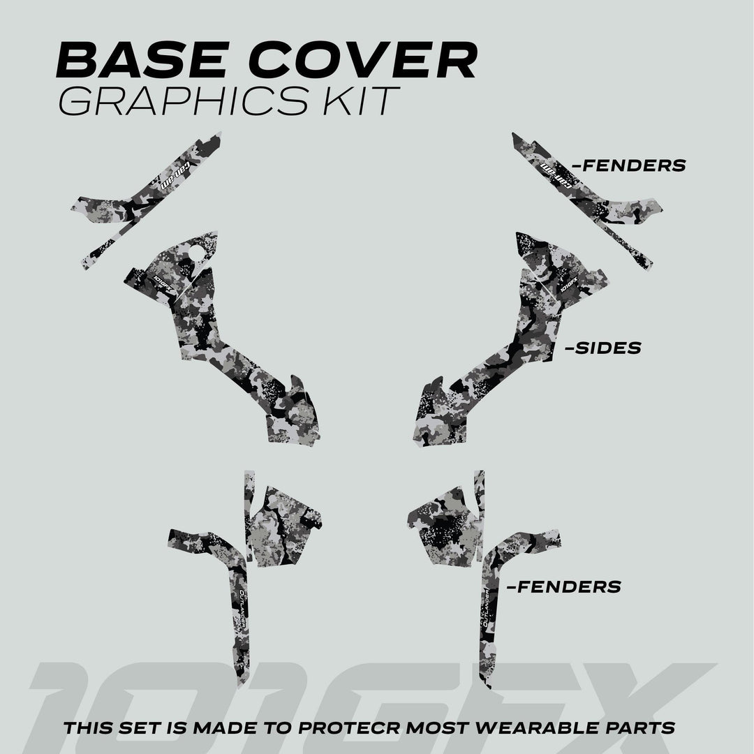 Can-Am OUTLANDER Graphics Kit SPLAT CAMO Grey, featuring pre-cut camouflage vinyl decals for vehicle fenders and side panels, designed for protection and aesthetic enhancement.