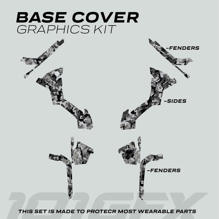 Can-Am OUTLANDER Graphics Kit SPLAT CAMO Grey, featuring pre-cut camouflage vinyl decals for vehicle fenders and side panels, designed for protection and aesthetic enhancement.