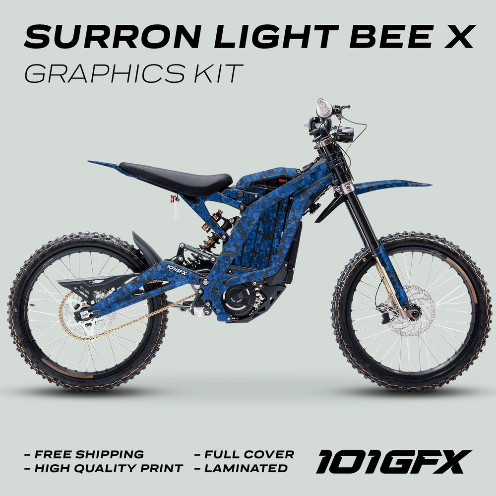 Surron Light Bee X Graphics Kit SQUARE TEK Blue on bike, featuring digital-camo vinyl, laminated finish, promoting free shipping and high-quality print. Branding: 101GFX.