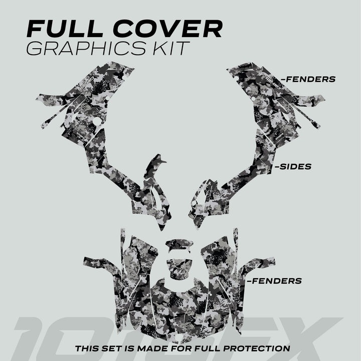 Can-Am OUTLANDER Graphics Kit SPLAT CAMO Grey mock-up with black/white/gray digital-camo die-cut decals for fenders and panels, designed for full protection and easy installation.