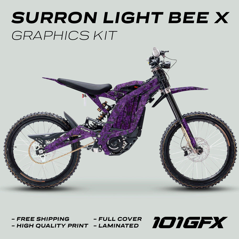Surron Light Bee X Graphics Kit SQUARE TEK Purple on electric dirt-bike, showcasing purple digital-camo vinyl. Features: Free Shipping, High Quality Print, Full Cover, Laminated.