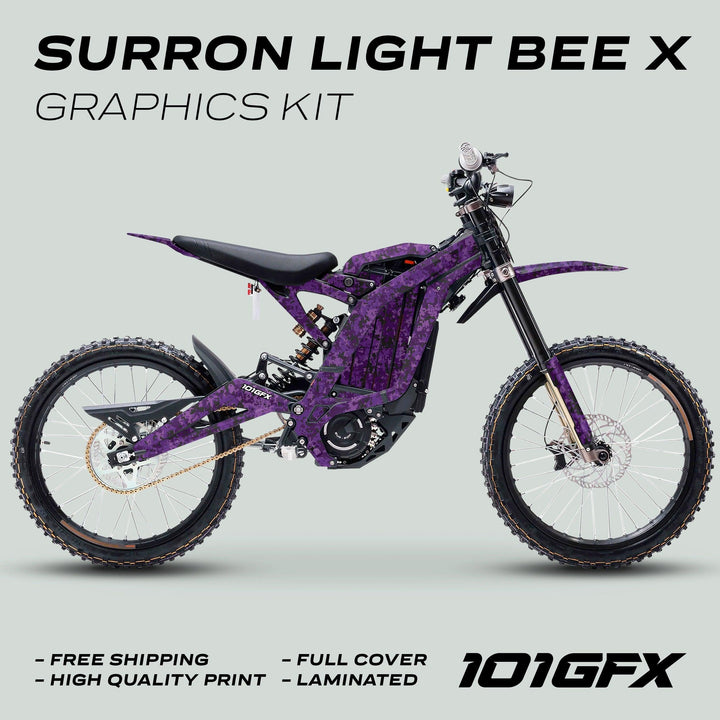 Surron Light Bee X Graphics Kit SQUARE TEK Purple on electric dirt-bike, showcasing purple digital-camo vinyl. Features: Free Shipping, High Quality Print, Full Cover, Laminated.