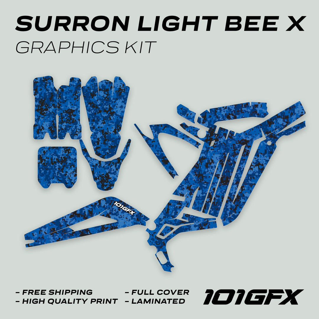 Surron Light Bee X Graphics Kit SQUARE TEK Blue, featuring blue-and-black digital-camo vinyl decals for electric dirt bike body panels, showcasing durability and stylish customization.